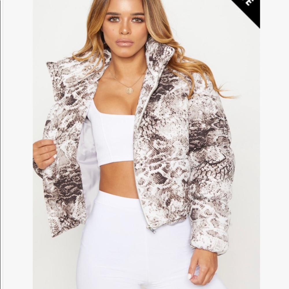 Petite Grey Snake Print Puffer Coat